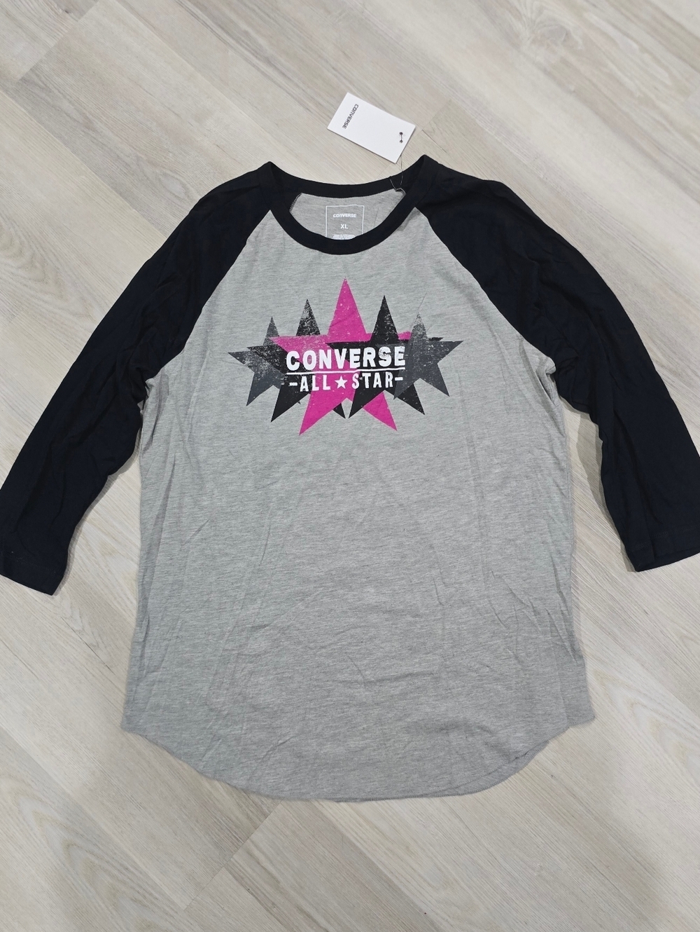 Converse Raglan Tee Gray Body with Black Sleeves & Pink Star Graphic Size XL NWT